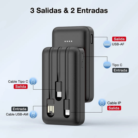 1Hora: ¡Carga Rápida y Portátil de 5,000mAh con 3 Cables Incluidos! 🔋